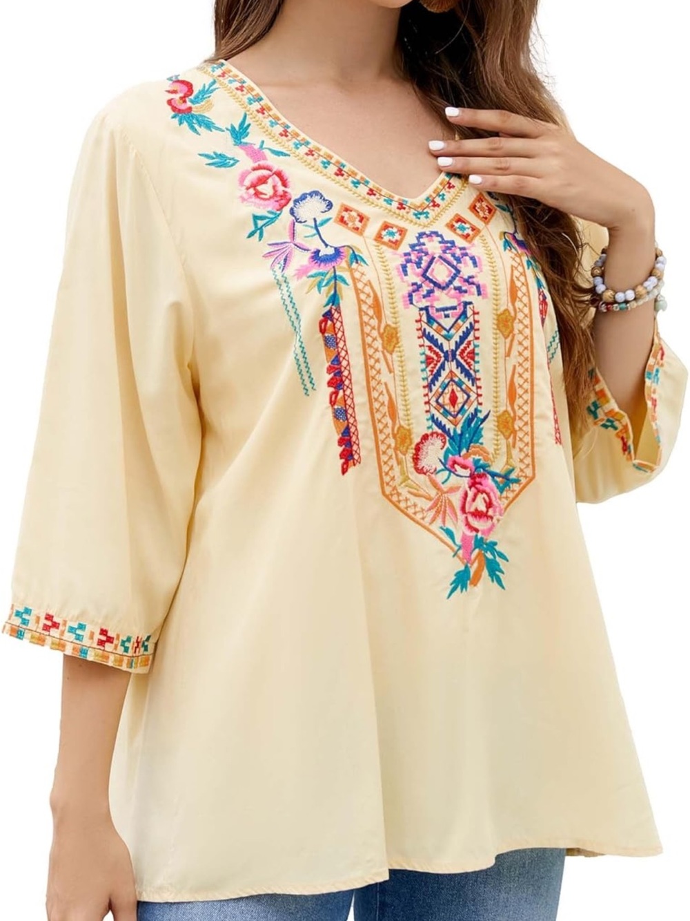 Embroidered V-Neck Boho Top in Light Yellow